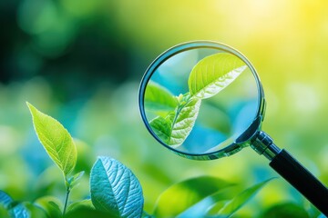 A creative composition with a magnifying glass symbolizing the analysis of business strategies for CO2 reduction and environmental responsibility.