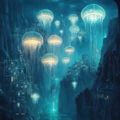 Fototapeta premium A glowing underwater city is surrounded by bioluminescent jellyfish creatures