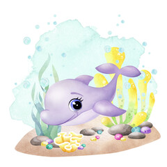 Cute little lilac dolphin. Kids illustration with seaweed, coral, pebbles, stones, bubbles isolated. Hand drawn watercolor happy smiling sea character for nautical and marine designs.