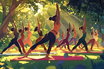 A vibrant image of a multiracial yoga class performing side bends in the morning sunlight, with trees and greenery in the background.
