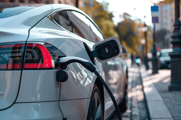Power source for charging battery of beautiful hybrid electric car on road, abstract vivid composition consists of fictional unreal fantastic vision on background