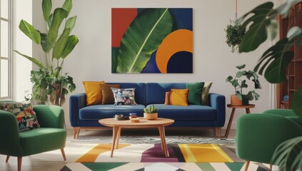 Modern living room interior with blue sofa, green armchairs, colorful rug, and large abstract leaf artwork.