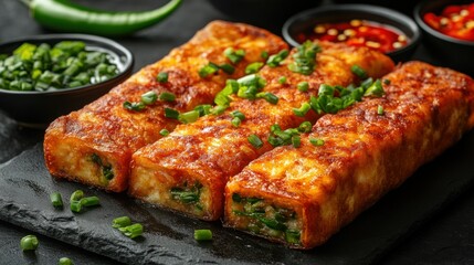 Crispy Fried Egg Rolls with Vegetables on Slate
