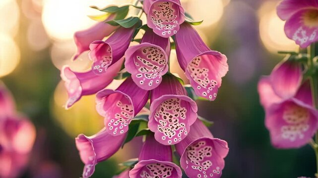 Soft close-up of pink foxglove flowers moving gently in the breeze during golden hour, detailed speckled patterns inside their petals. 