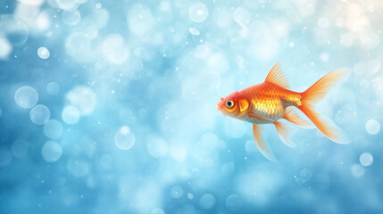 Fototapeta premium a goldfish swimming in a serene blue aquatic environment with bokeh lights.