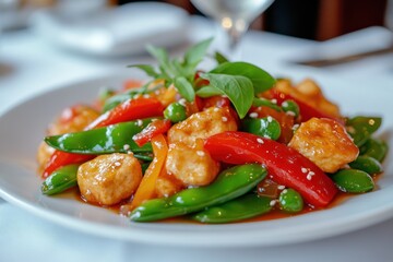 Delicious tofu stir-fry with bell peppers and peas on a white plate.