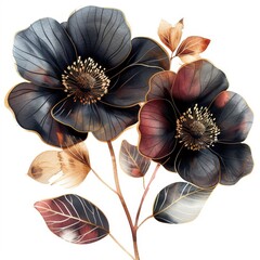Abstract watercolor black gold and burgundy flowers, Delicate aereal flowers isolated on white background