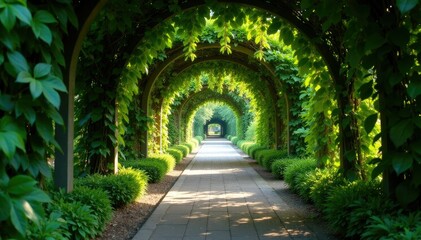 Obraz premium Softly lit pathway under the canopy of a garden arbor, shaded areas, leafy arches, softly lit paths