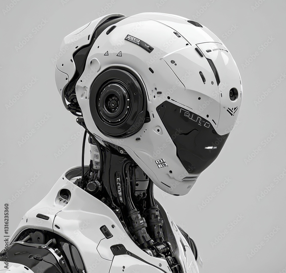 Poster the image features a 3d side view render of a cybernetic robot with a black and white color scheme, 