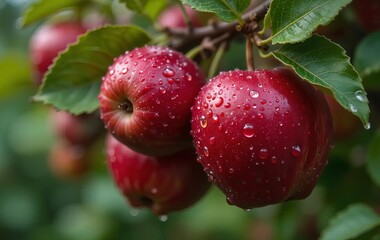 Obraz premium A close-up of ripe red apples on a tree branch with water droplets on them