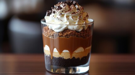 A clear glass, a canvas of frosted glass, reveals the decadent depths of a chocolate trifle. Layers of chocolate cake, creamy chocolate mousse, rich caramel sauce, and cloudless whipped cream,