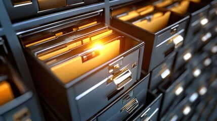 Organized Filing Cabinet with Open Drawer and Bright Yellow Folders