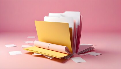 3D render of a yellow folder with white papers inside, floating in the center of a pink background