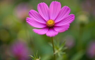A close-up of a pink cosmos flower with a blurred purple flower in the background