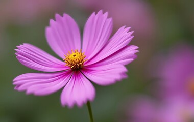 A close-up of a pink cosmos flower with a blurred purple flower in the background
