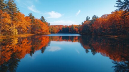Fototapeta premium A beautiful autumn scene of trees reflected in a lake