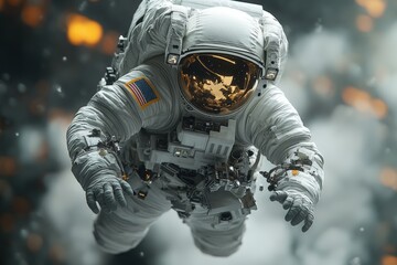 Fototapeta premium Astronaut in space, dramatic close-up, American flag, space suit details, cinematic lighting, cosmic background, floating, exploration, adventure, science fiction.