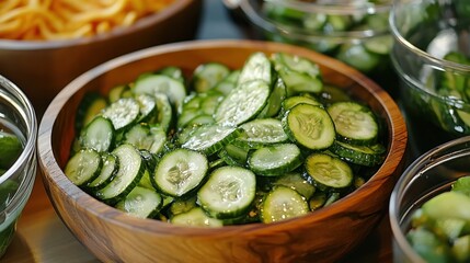 A detailed shot captures the vibrant hues of sliced pickles, their crispness emphasized by a wooden bowl that cradles their verdant form.