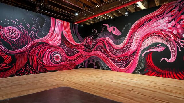 Vibrant mural featuring abstract red and pink patterns in a spacious gallery with wooden flooring and exposed beams