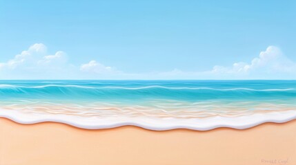 A serene beach scene featuring gentle waves, a clear sky, and soft sand, evoking a peaceful and tranquil atmosphere.