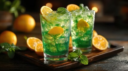 A vibrant Long Island Iced Tea, in its signature emerald glass, shimmered invitingly under the warm glow, adorned with a splash of zesty lemon and refreshing mint. Its verdant hues contrasted