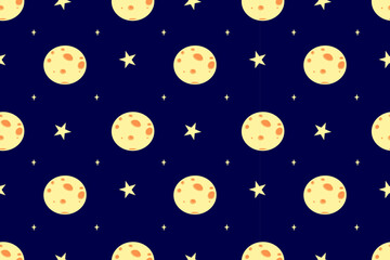 Beautiful children's seamless pattern of  night starry sky and full moon. Dark blue background, yellow and orange color elements. Dream. For backgrounds, textiles, wallpaper, packaging. Cute, cartoon.