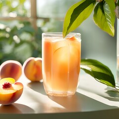 a glass of icy peach juice on white table