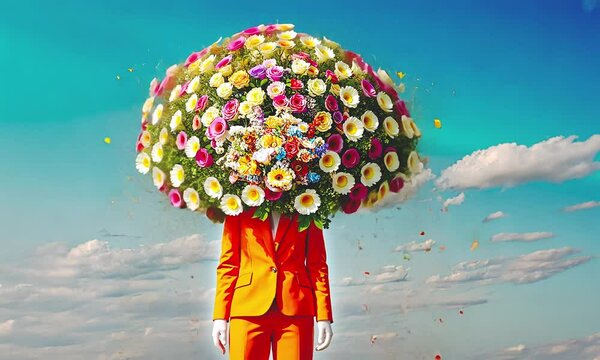 Man with flowers, surreal fashion art.