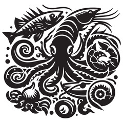 sea food icon vector silhouette. Abstract shapes of shell, mollusk, mussels, octopus, squid, crab, starfish.