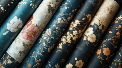 A collection of beautifully designed floral wallpaper rolls in rich hues, showcasing intricate patterns and textures, ideal for home decor inspiration