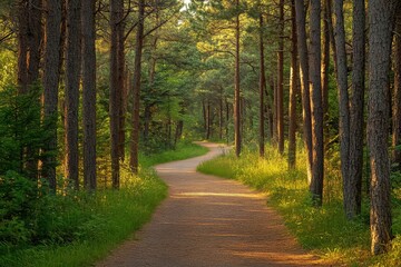 A secluded walking path surrounded by towering pines and the gentle hum of nature.