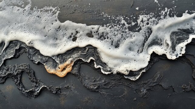 A beautiful transparent clear sea or ocean with waves and foam is captured from a top view or aerial drone perspective as it splashes onto a dark navvy blue or gray sand beach
