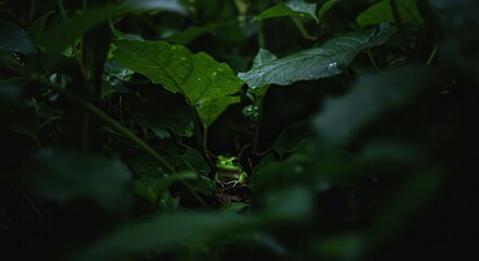 Green Frog Sitting Among Lush Foliage in Natural Habitat Setting