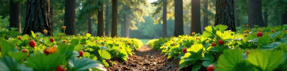 Obraz premium Wild strawberry patches under towering coniferous trees, earthy, tree