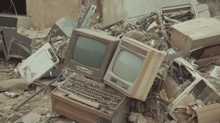 Pile of discarded vintage electronics