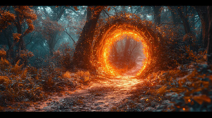 Mystical portal opening enchanted forest digital art fantasy landscape ground level magical adventure © Patipon