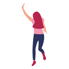 Woman jumping, back view, white background, celebrating