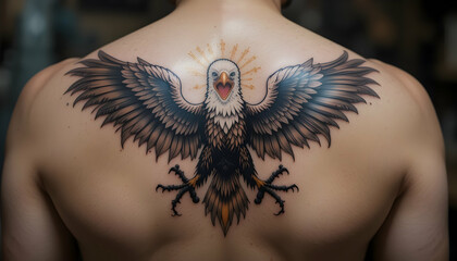 Eagle Tattoo on Man's Back Wings Spread in Detailed Artwork