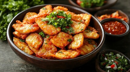 Fototapeta premium Crispy Potato Bites in Bowl with Sauces