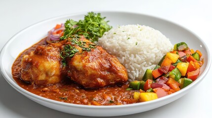 Fototapeta premium A hyper realistic image showcases a vibrant Jollof chicken dish, its rich tomato-based sauce glistening under the spotlight, served alongside fluffy white rice and a medley of colorful mixed