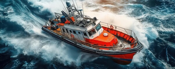 Obraz premium Powerful Tugboat Navigating Through Turbulent Ocean Waves at Sea