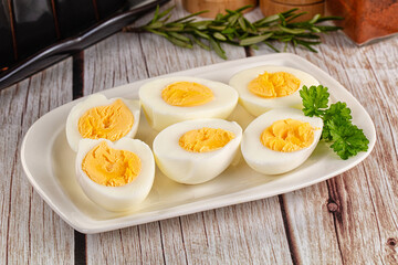Boiled chicken eggs with bright yolk