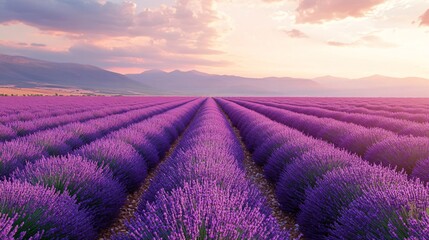 Obraz premium Vast lavender field extends towards distant mountains under a sunset sky