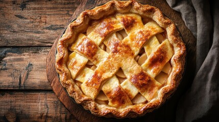 A warm, inviting apple pie rests on a rustic wooden table, its flaky crust radiating warmth and its juicy filling promising a burst of autumnal flavor.