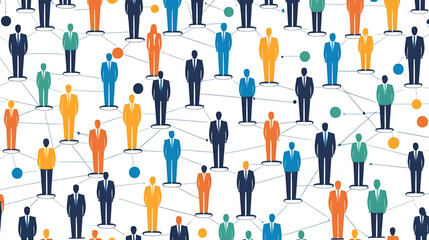 Colorful figures in a hierarchical structure, representing business departments, teams connected by lines, workflow illustration, company management and organizational design