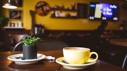 Cozy Coffee Shop Atmosphere A Cup of Latte and a Small Plant