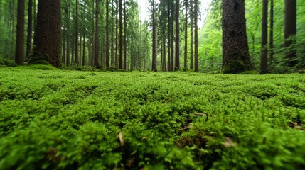 Fototapeta premium close up of lush green moss on the ground with plants and trees in the background.