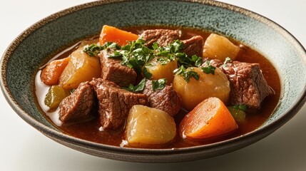 A rustic beef stew, a symphony of tender beef and hearty vegetables simmered in a rich broth, sits proudly in an oval ceramic plate against a stark white backdrop, bathed in the warm glow of bright