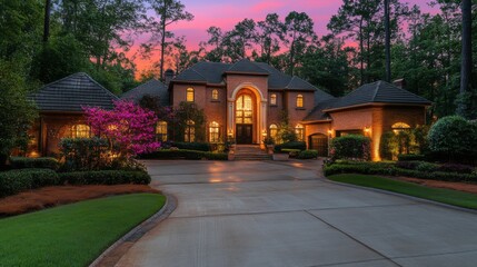 Elegant suburban mansion illuminated at sunset surrounded by greenery