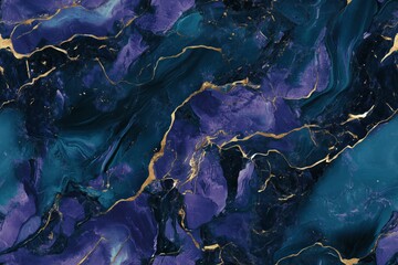 Seamless vibrant abstract background featuring swirling shades of purple, teal, and gold accents. The fluid patterns create a sense of depth and movement, ideal for artistic designs.
